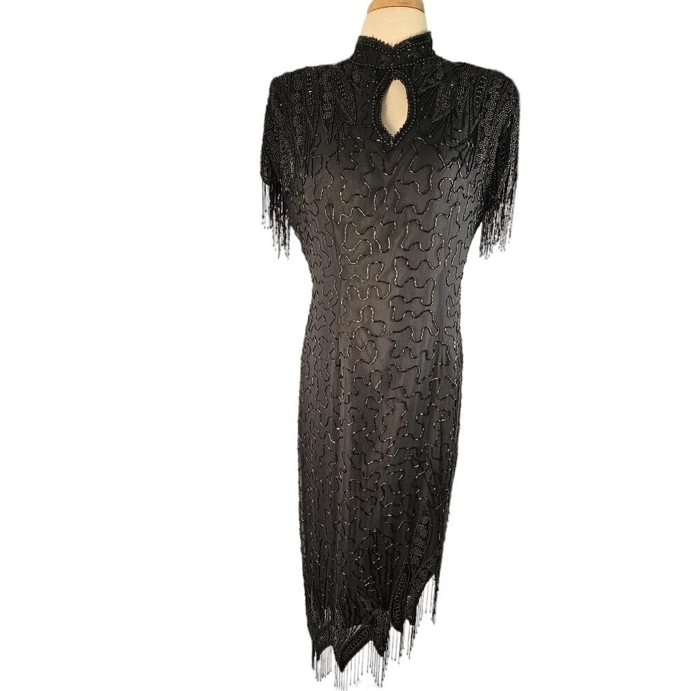 Jet Black Silk Beaded Fringe Evening Sheath Dress Sz M Asymmetrical Thigh Slit